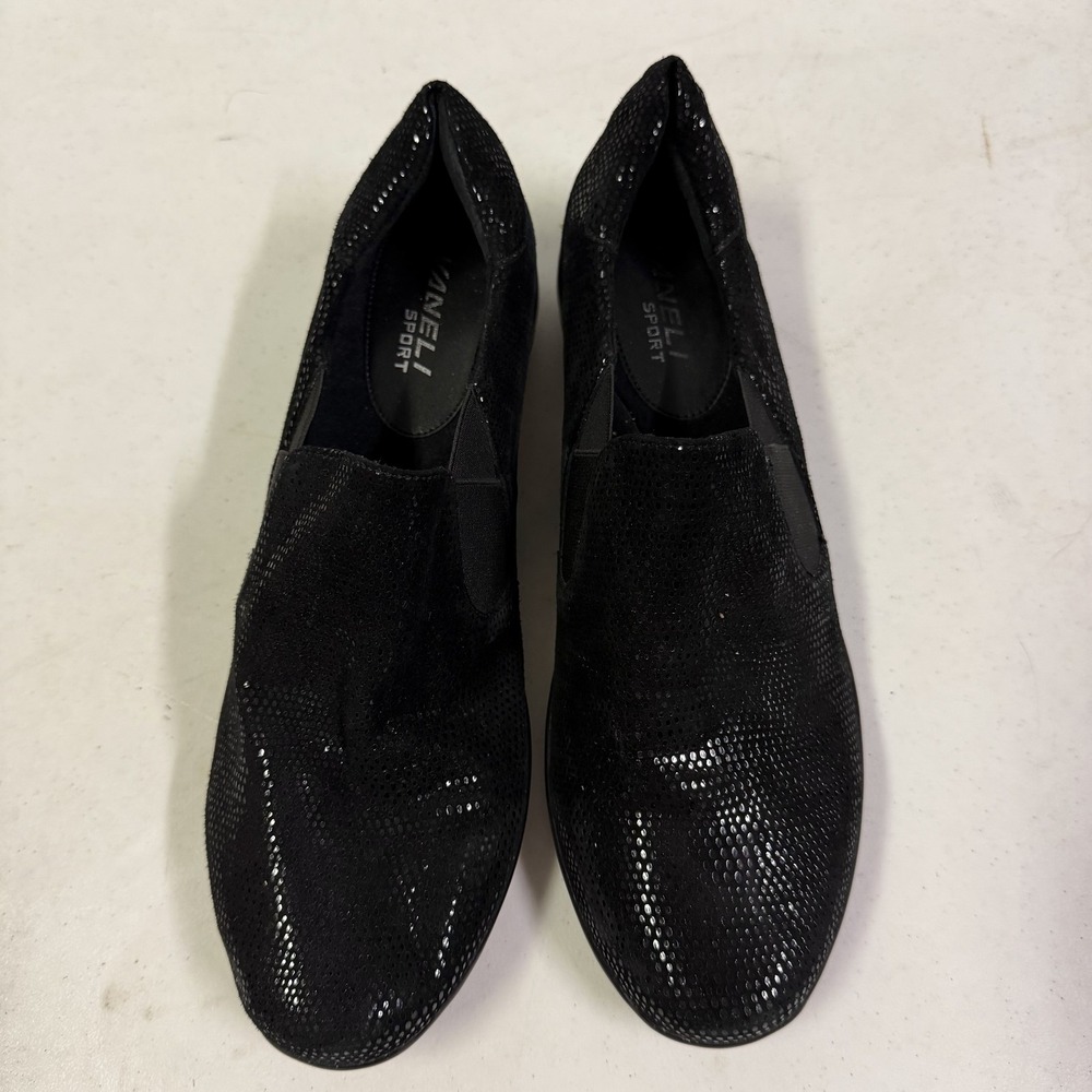 VANELI SPORT Women's Black Shimmer Slip-On Comfort Flats Leather Rubber Sole